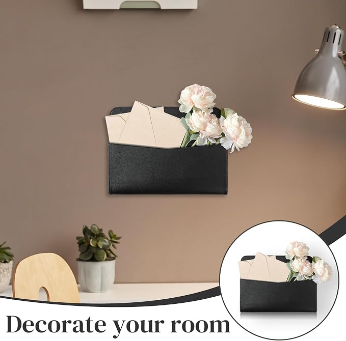 Wall Mount PU Leather Mail Holder Black Faux Leather Letter Holder 2 Ring 9.8" - Image 6