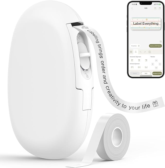 SUPVAN E10 Bluetooth Label Maker Machine with Tape, Continuous Waterproof Label, Versatile App with 35 Fonts and 1k+ Icons, Inkless Labeler for Home, Kitchen, School, Office Organization, White-DeskLoop Office