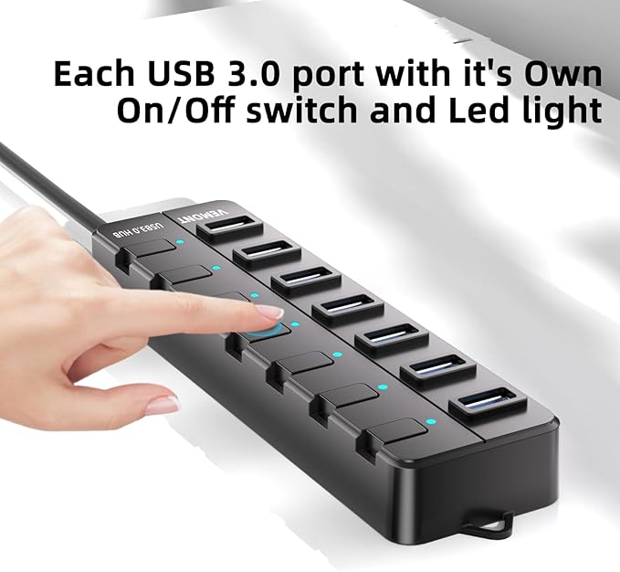 VEMONT 7-Port USB 3.0 Hub (Equipped with a 4-Foot Data Cable, Individual Switch, and Indicator Light, it Supports Data Transfer speeds of up to 5Gbps) Suitable for Desktop Computers and laptops.-DeskLoop Office