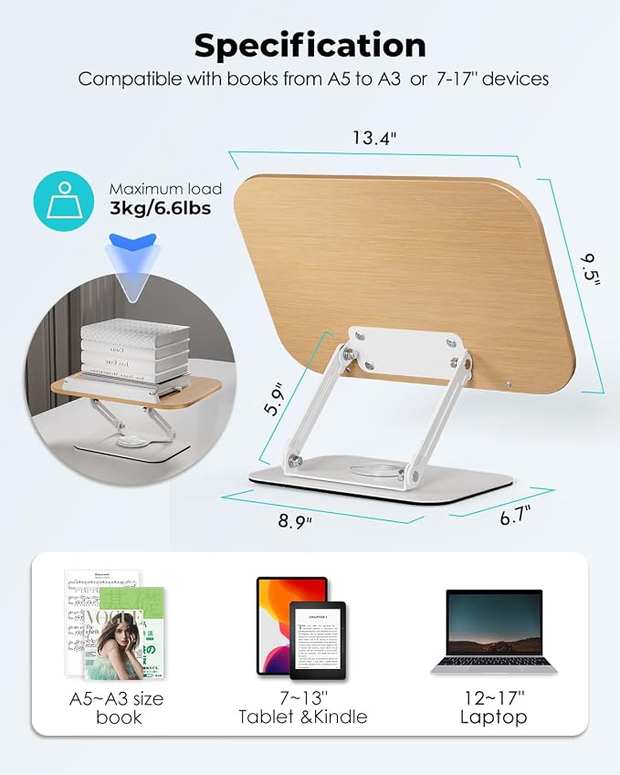Viozon Book Stand for Reading, Book Holder, Height&Angle Adjustable, 360° - Image 4