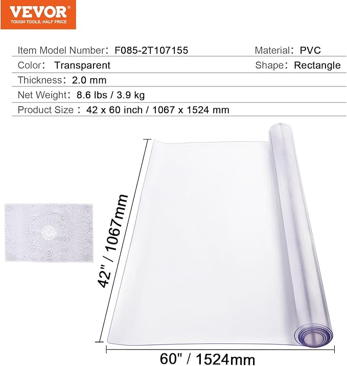 VEVOR Plastic Table Cover, 42 x 60 Inch 2.0 mm Thick Clear PVC Desk Mat - Image 7