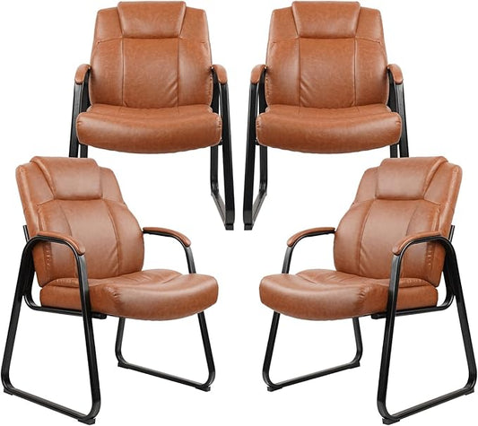 CLATINA Big & Tall 500 lb. Guest Chair, PU Leather Office Reception Chairs with Sled Base, Desk Chair No Wheels for Waiting Room Conference Lobby Computer Living Room, Brown, 4 Pack-DeskLoop Office