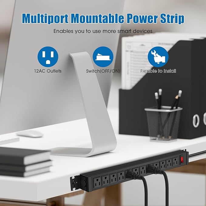 HHSOET Rotating Mountable Power Strip, 12 Outlet Wall Mount Surge Protector, Metal Heavy Duty and Versatile Outlet Strip, Stylish Appearance, Sturdy and Durable, 3ft Power Cord.(Black)-DeskLoop Office
