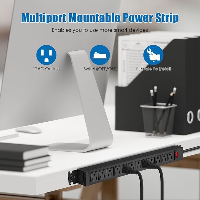 HHSOET Rotating Mountable Power Strip, 12 Outlet Wall Mount Surge Protector, Metal Heavy Duty and Versatile Outlet Strip, Stylish Appearance, Sturdy and Durable, 10ft Power Cord.(Black)-DeskLoop Office