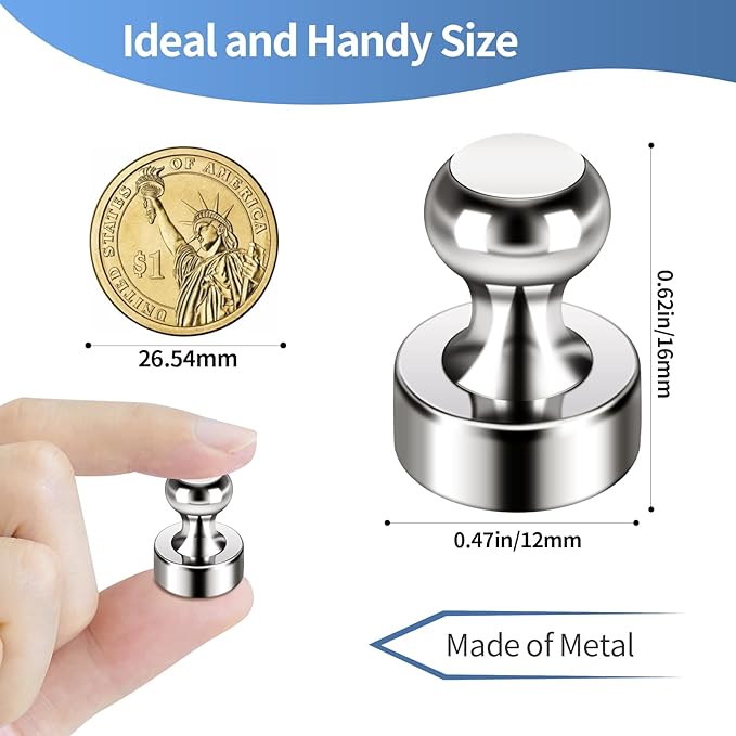 12Pack Fridge Magnets for Whiteboard Strong Refrigerator Magnets for Adult Small Push Pin Magnets for White Board Refrigerator Map Classroom Office Teacher Silver-DeskLoop Office