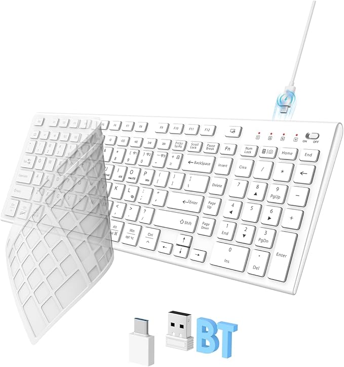 FENIFOX Wireless Keyboard, Bluetooth + USB Ergonomic Silent Quiet Rechargeable with Number Pad Compact Full Size Multi Device Keyboards for iPad Tablet Mac Computer Surface PC MacBook Laptop White-DeskLoop Office