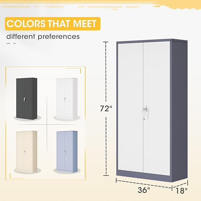 Greenvelly Metal Storage Wardrobe Cabinet with Lock, 72" White Grey Metal Wardrobe Closet for Hanging Clothes with Doors and Shelves, Modern Clothes Closet for Home, Office and Bedroom, School,Gym-DeskLoop Office