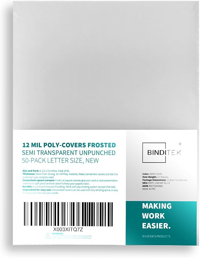 Binditek 50 Pack 12 Mil Binding Covers, Frosted Polycovers, Semi-Transparent by Binditek