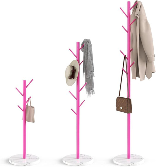 Coat Rack with Natural Marble Base, Metal Freestanding Coat Rack with 8 Hooks, 3 Adjustable Size Sturdy Coat Tree for Bags, Coats, and Hats for Entryway, Hallway, Bedroom, Office, Pink-DeskLoop Office
