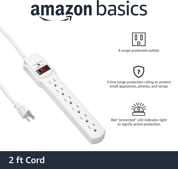 Amazon Basics Surge Protector Power Strip, 6-Outlet with 200J Protection, 2ft Extension Cord, Rectangle, White (20 Pack)-DeskLoop Office