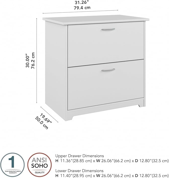 Bush Furniture Cabot 2 Drawer Lateral File Cabinet in White, Home Office Chest for Letter, Legal, and A4-size Document Storage-DeskLoop Office