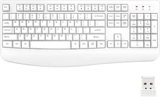 EDJO Wireless Keyboard, 2.4G Ergonomic Full Size Wireless Computer Keyboard with Wrist Rest for Windows, Mac OS Desktop/Laptop/PC（White）-DeskLoop Office