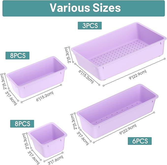 WOWBOX 25 PCS Plastic Drawer Organizer Set, 4 Sizes Desk Drawer Divider Organizers and Storage Bins for Makeup, Jewelry, Gadgets for Kitchen, Bedroom, Bathroom, Office, Purple-DeskLoop Office