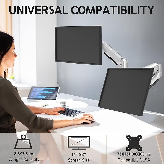 MOUNTUP Dual Monitor Desk Mount, Die-Cast Aluminum Fully Adjustable Double Monitor Arm with Gas Spring, Computer Monitor Stand Fits 2 Screen 17 to 32 inch - Each Arm Holds 3.3-17.6LBS, MU0024-DeskLoop Office