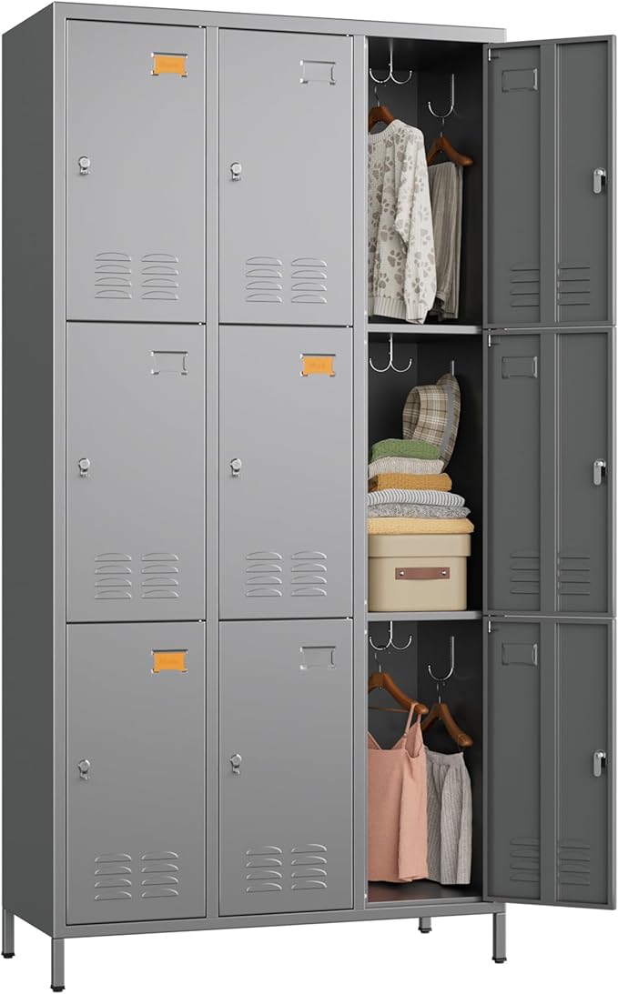 9 Doors Metal Locker with 27 Hooks and Business Card Holder,Metal Lockers for Employees with Ventilation Holes for School Office Gym Garage,Assembly Required,Dark Grey-DeskLoop Office