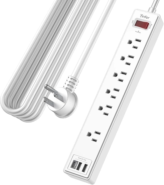 20Ft Power Strip Surge Protector - Yintar Extension Cord with 6 AC Outlets and 3 USB Ports for Home, Office, Dorm Essentials, 1680 Joules, ETL Listed, White-DeskLoop Office