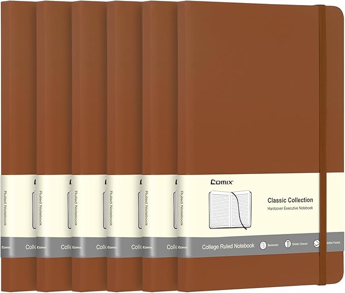Comix 6 Pack Lined Journal Notebooks for Work, 240 Pages, 5.5"x8.3", Brown, Hardcover, A5 Medium College Ruled, Journaling Notebooks for Notes-taking, Fits for Office School Home-DeskLoop Office