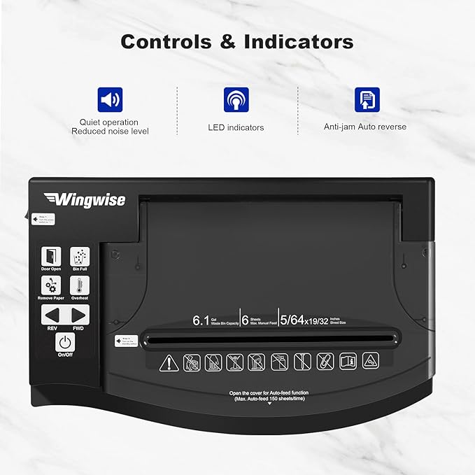 150 Sheet Auto-Feed Paper Shredder, Micro Cut P-5 Super High Security (5/64 x 19/32 inches), Large 6-Gallon Bin, 20 Mins Continuous Run, 55dB Ultra-Quiet for Home Office Use, White-DeskLoop Office