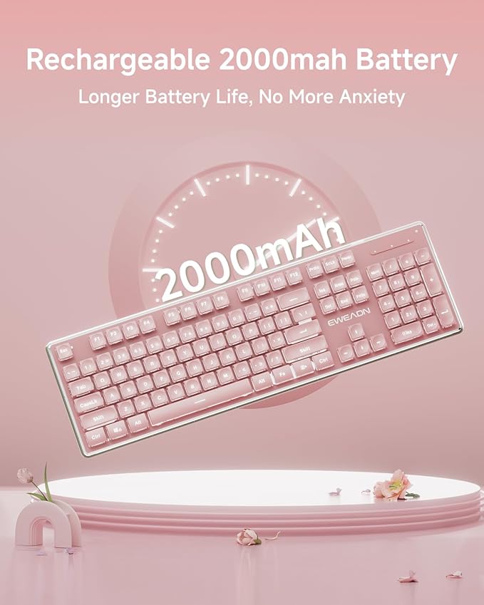 V3 Wireless Keyboard and Mouse with Single Backlit, Metal Panel, Bluetooth/2.4G Rechargeable Computer Keyboard and Mouse Combo Silent Lighted Full Size Cute Keyboards-Pink-DeskLoop Office