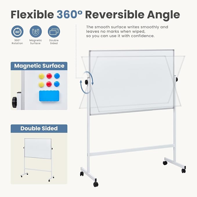 DUMOS Rolling Whiteboard Double Sided 46 x 32 Inches, Magnetic White Board Dry - Image 3