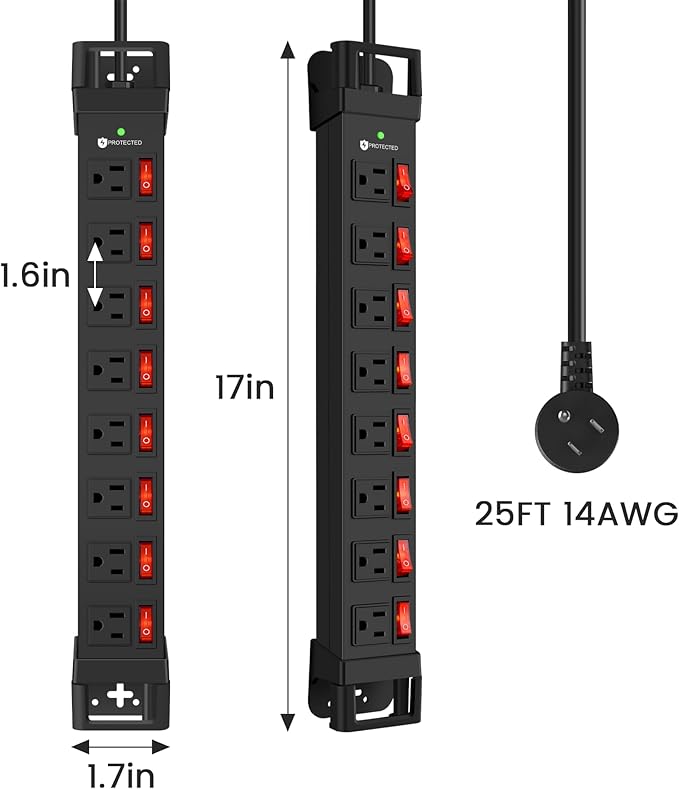 Heavy Duty Power Strip with Individual Switches,8 Outlets 14 Gauge Industrial Shop Garage Metal Multiple Outlets,1200J Surge Protector Mountable Power Strip (Black, 25 FT)-DeskLoop Office