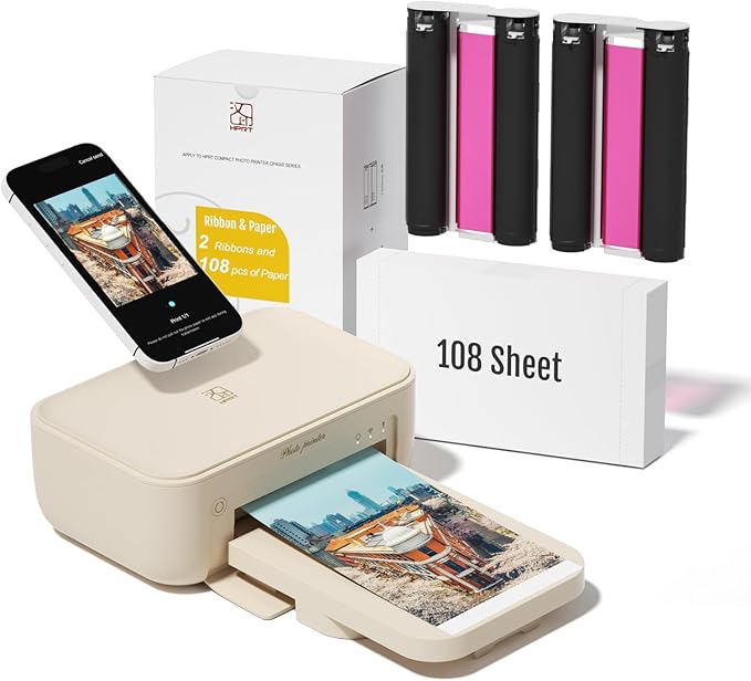 HPRT 4x6 Photo Printer with 108 Sheet Photo Paper& 2 Ribbon, Desktop Instant Picture Printer for iPhone, Smartphone, Thermal Dye Sublimation, WI-Fi Connnecting, Home Use, Beige-DeskLoop Office