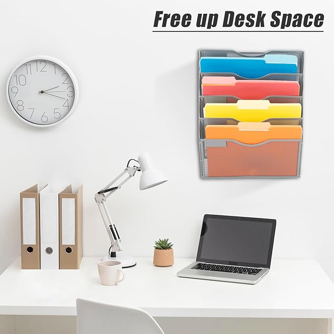 EASEPRES 5 Pocket Mesh Hanging Wall File Organizer, Wall Mounted Mail Paper Document Folder Holder, Clipboard Storage Organization Magazine Rack with Nametag Label for Office Home School, Gray-DeskLoop Office