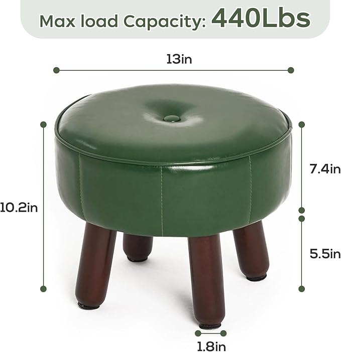 13in Small Foot Stool Ottoman, Round Faux Leather Foot Rest for Couch, Under Desk Pouf Footstool Footrest with Non-Skid Rubber Legs for Ling Room, Bedroom, 13''L x 13''W x 10.2''H, Green-DeskLoop Office