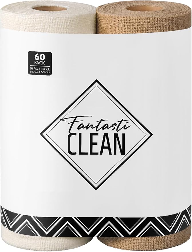 Fantasticlean Microfiber Cleaning Cloth Roll -60 Pack, Tear Away Microfiber Towels, 12" x 12", Reusable, Washable, Scratch Free, Ultra Absorbent Dish Rags for Car, Home, Garage or Shop (Beige & Tan)-DeskLoop Office