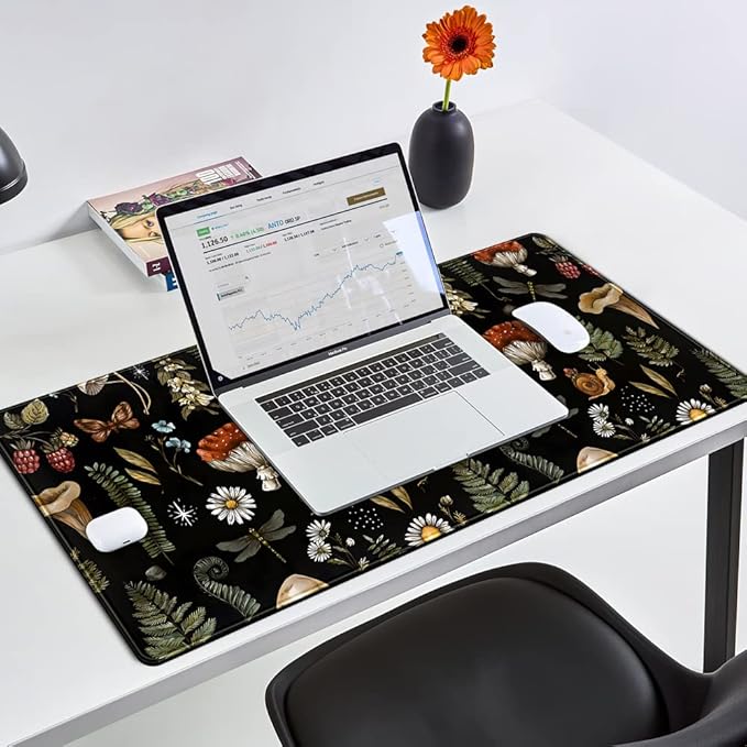 Black Mouse Pad Cottage Core Aesthetic Mouse Pads Mushroom Desk Pad Vintage Mouse Pad Forest Magic Nature Large Desk Pad Ergonomic Mouse Pads with Stitched Edges Non-Slip Computer Mat 31.5x15.7 in-DeskLoop Office