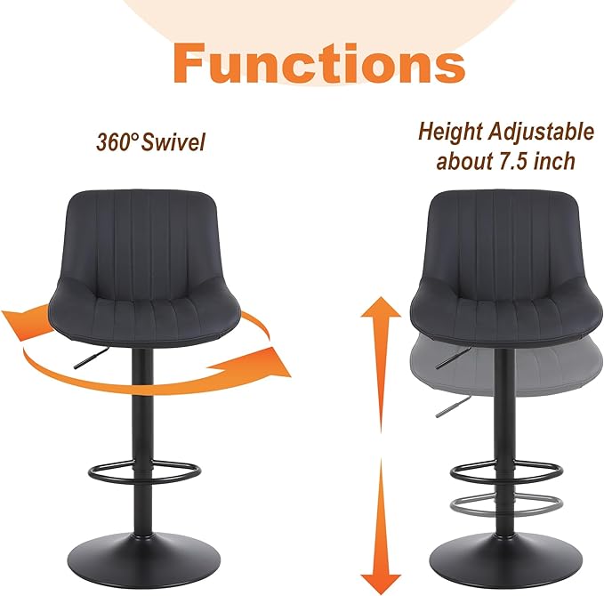 Bar Stools Set of 2, Swivel Counter Height Barstools with Back, Adjustable PU Leather Bar Chairs, Modern Armless Kitchen Island Stool, Black-DeskLoop Office