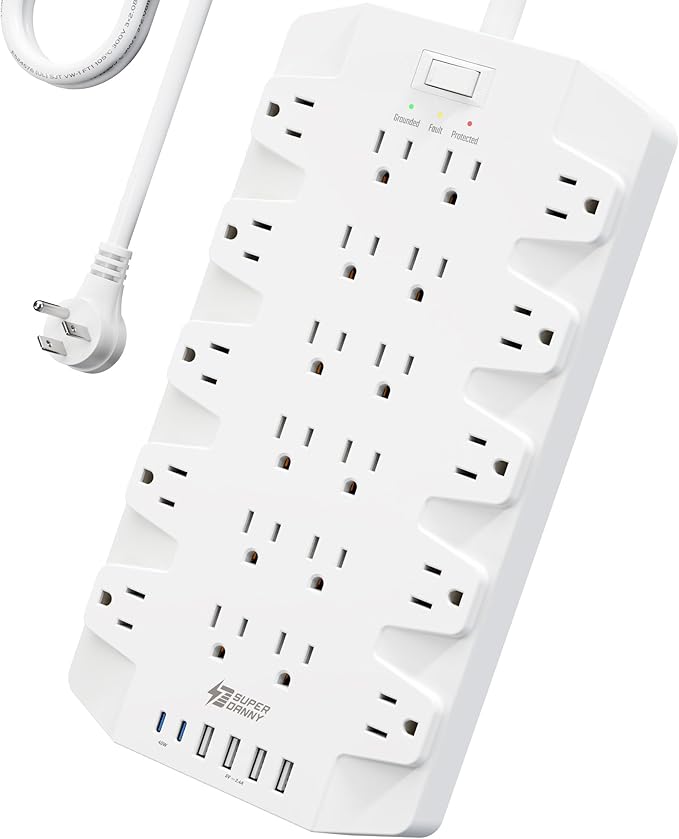 45W Power Strip Surge Protector with PD USB-C, SUPERDANNY 1875W/15A, 2100J, 6.5ft Flat Plug Mountable Extension Cord with 22 Outlet+6 USB Port, Fast Charging for Home,Office,Dorm,Gaming,PC,Streaming-DeskLoop Office