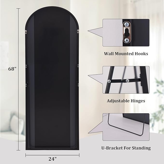 HARRITPURE Arch Floor & Full Length Mirrors - 68" x 24" Body Length Mirror Big Mirror for Bedroom Standing/Hanging/Leaning Wall-Mounted Black-DeskLoop Office