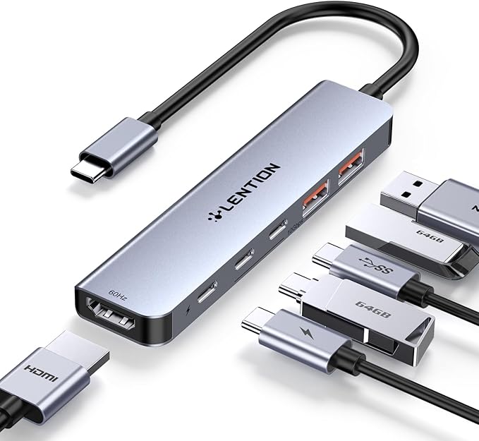 LENTION USB C Hub with 4K@60Hz HDMI, 2 USB C and 2 USB 3.2 Gen2 Transfer Data in 10Gbps Max, 100W Charging, for MacBook Pro M4, Mac Air, iPhone 15, Windows, More, Stable Driver Adapter (CE37 Gray)-DeskLoop Office