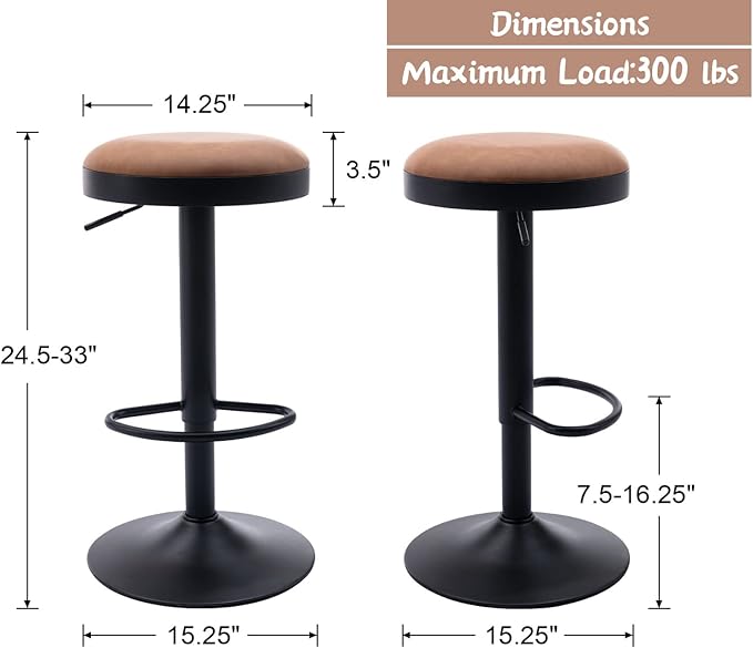 Round Swivel Counter Height Bar Stools Set of 4 Modern Adjustable Barstools Backless PU Leather Bar Chairs Industrial Island Chairs with Metal Base/Footrest for Kitchen Island/Pub/Bar, Brown-DeskLoop Office