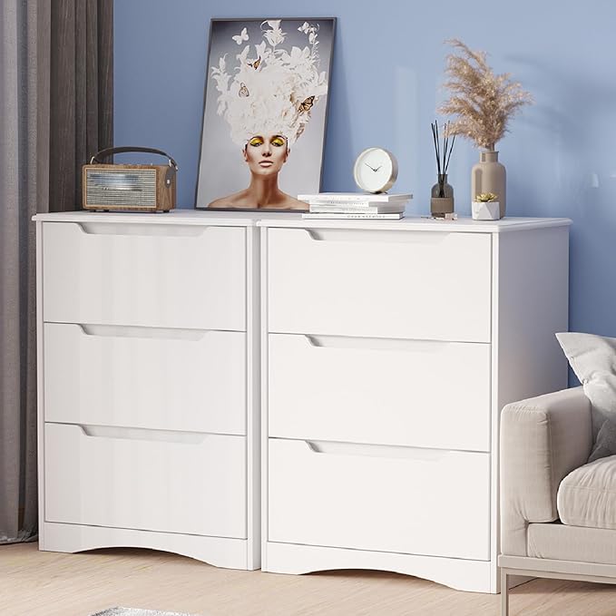 Gizoon 3 Drawers Chest, Bedroom Drawer Dresser with Large Storage Capacity, Embedded Handle, and Sturdy Anti-Tripping Device, Modern Design Cabinet for Hallway, Office, Living Room (White)-DeskLoop Office