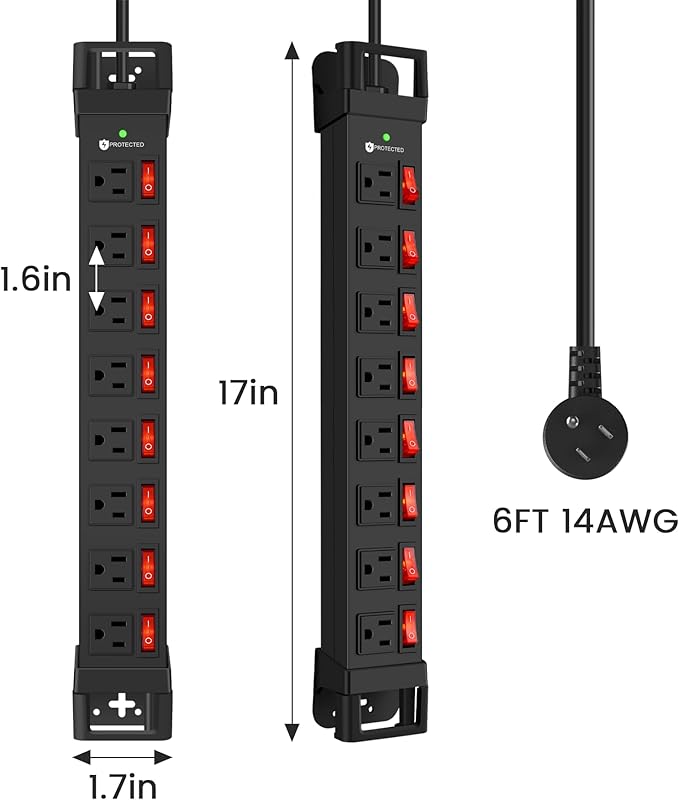 Heavy Duty Power Strip with Individual Switches,8 Outlets 14 Gauge Industrial Shop Garage Metal Multiple Outlets,1200J Surge Protector Mountable Power Strip,6FT Extension Cord Management(Black)-DeskLoop Office