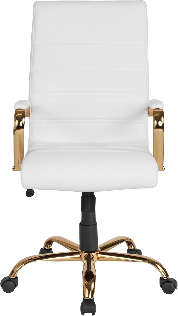 Flash Furniture Whitney Mid-Back Swivel LeatherSoft Desk Chair with Padded Seat and Armrests, Adjustable Height Padded Office Chair, 27"D x 26"W x 43"H, White/Gold-DeskLoop Office