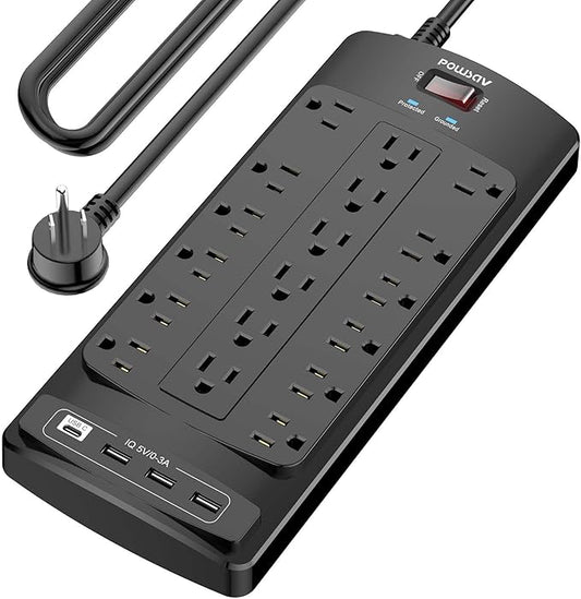 18 Outlets Surge Protector Power Strip - 15 Feet Flat Plug Heavy Duty Extension Cord with 18 Widely Outlets and 4 USB Ports, 2100 Joules, Black, ETL Listed-DeskLoop Office