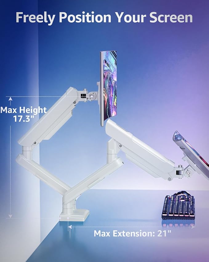Dual Monitor Mount for 32 27 24 22inch Screens, Gas Spring Monitor Stand for 2 Monitor, Full Adjustable Monitors Desk Mount with C-Clamp＆Grommet Base, Each Arm Holds 4.4-22 lbs, Freelift Pro White-DeskLoop Office
