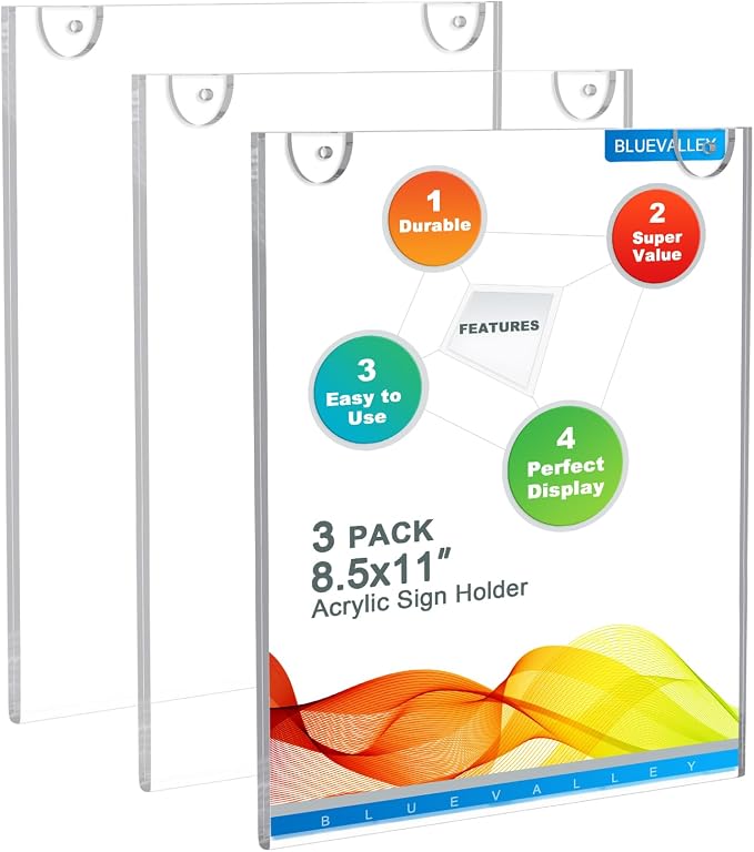 BlueValley 3 Pack Acrylic Sign Holder 8.5x11 Wall Mount Portrait – Clear Menu by BlueValley