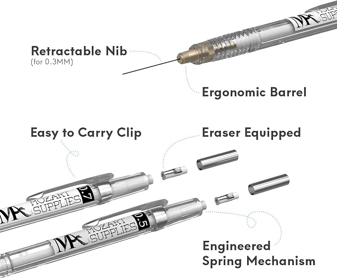 MozArt Mechanical Pencil Set 4 Sizes 0.3 0.5 0.7 0.9mm HB Lead Clear | 30 HB - Image 5