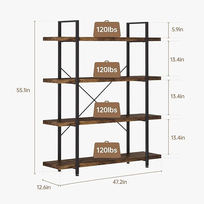 Heavy Duty 4-Tier Industrial Bookcase, 47" Wide Wood Bookshelf for Home Office, 120lbs Shelf Capacity, Rustic Open Shelving Display with Reinforced Horizontal Shelf for Living Room Bedroom-DeskLoop Office