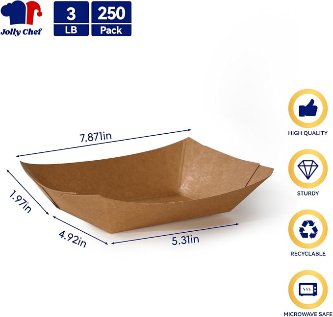 JOLLY CHEF 3lb Paper Food Trays, 250 Pack Disposable Boat, Extra Large Food - Image 2