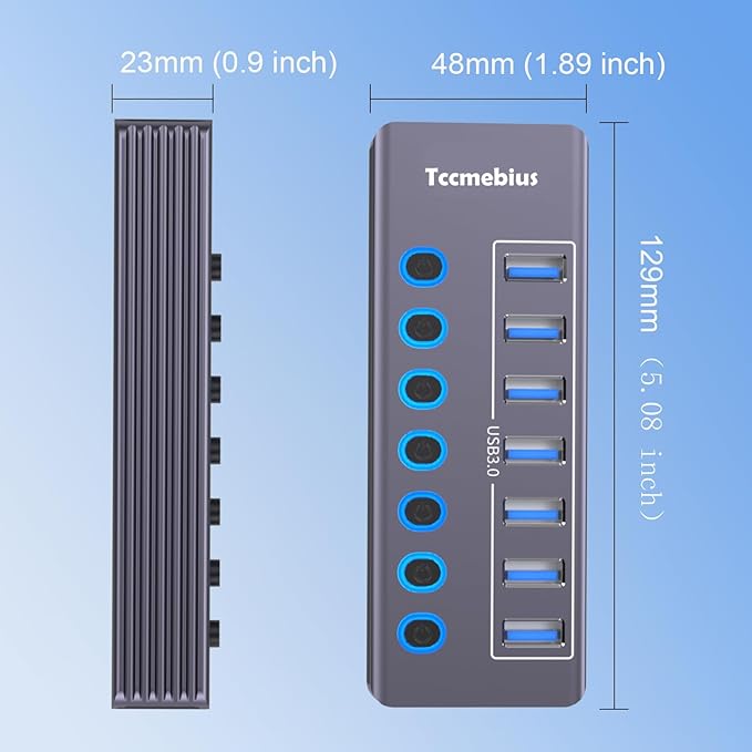 Powered 7-Port USB 3.0 Hub, USB C to 7 Ports USB Data Hub Splitter with Individual LED On/Off Switche, 3.3FT Cable, 12V/3A Power Adapter, for Laptop MacBook Pro/Air PC (Aluminum Gary)-DeskLoop Office