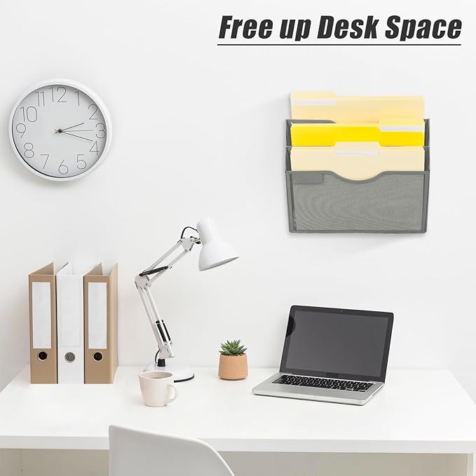 EASEPRES 3 Pocket Mesh Hanging Wall File Organizer, Wall Mounted Mail Paper Document Folder Holder, Clipboard Storage Organization Magazine Rack with Nametag Label for Office Home School, Gray-DeskLoop Office