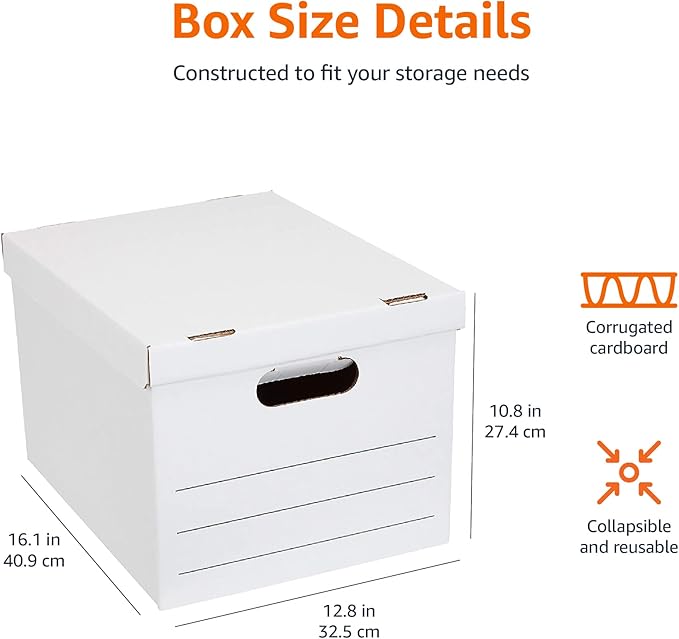 Amazon Basics Medium Duty Storage/Filing Boxes With Lid and Handles, Legal/Letter Size, 12-Pack, White, 16.2" L x 12.5" W x 10.5" H-DeskLoop Office