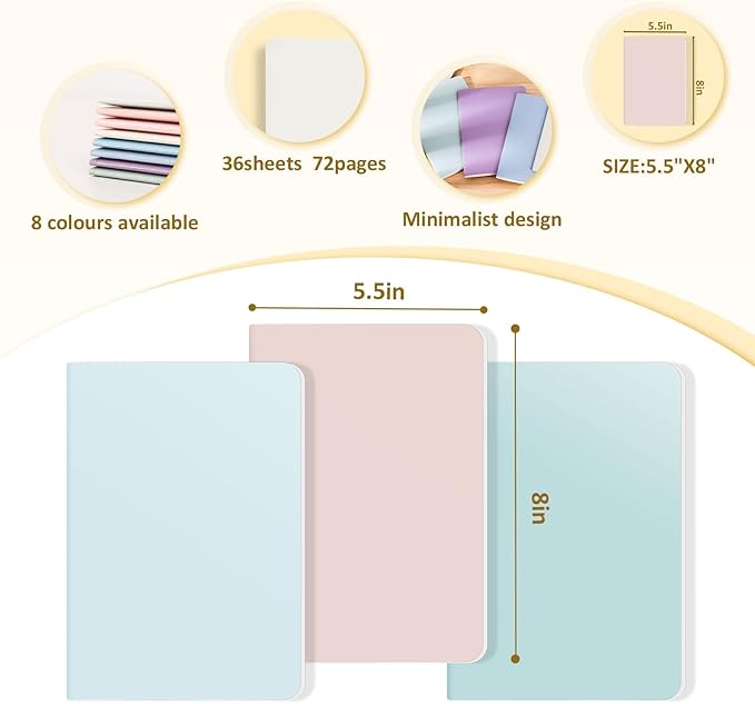 Ddaowanx Notebooks, Journals in Bulk, Blank Paper Sketchbooks, 72 Pages, 36 Sheets, 80GSM, 8.3x5.5 Inch, A5 Size, Travel Writing Notebooks Journal for Office School Supplies (Blank-48pack, 8 Colors)-DeskLoop Office