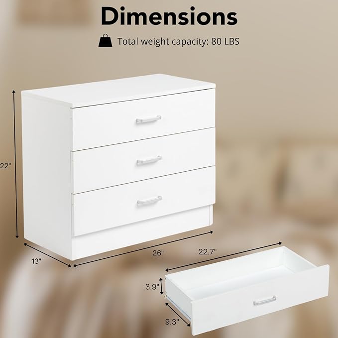 Karl home White 3 Drawer Dresser for Bedroom, Small Nightstand Modern Storage Chest of Drawer Wooden Side Table End Table for Bedroom, Living Room, Reception Room-DeskLoop Office