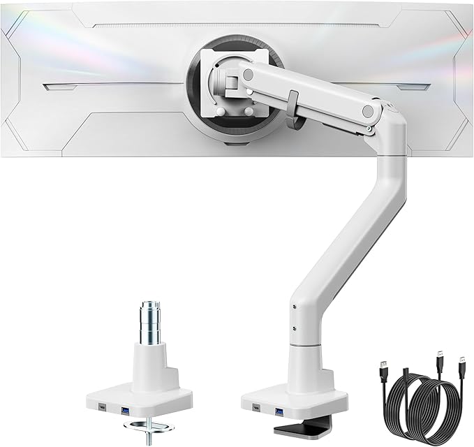 monTEK Single Monitor Arm with USB A/C, Ultrawide Monitor Stand for 17 to 57 Inch Curved Screen, Holds 59.4 lbs, Adjustable Gas Spring Arm, 75/100 VESA Mount, Clamp & Grommet Desk Mount, White-DeskLoop Office